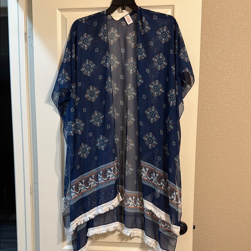 Navy Blue Patterned Kimono with Fringe